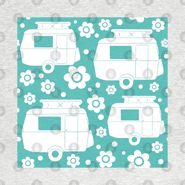 Daisy Polka Dot Vintage Caravan Pattern in Turquoise and White by NattyDesigns